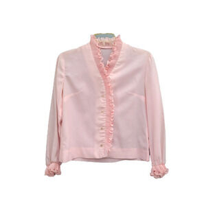 HP Vintage Crepe Button Up Ruffled‎ Mandarin Neckline, Cuffs Long Sleeve Blouse